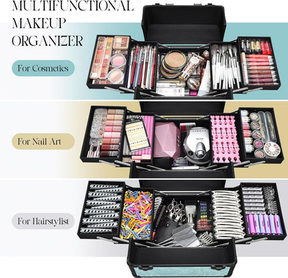 Rolling Makeup Train Case, 4-in-1 Cosmetology Case on Wheels, Nail Tech Cart for Travel, Professional Cosmetic Vanity Case, Suitcase for MUA/Manicure/Tattoo/Style, Lockable Storage Box, Black