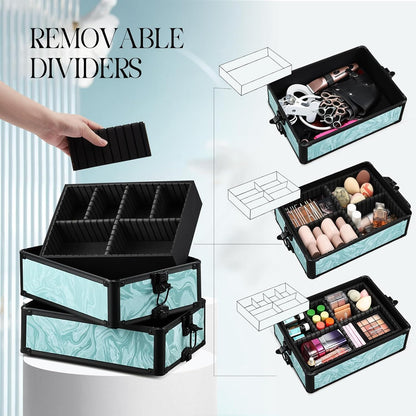 Rolling Makeup Train Case, 4-in-1 Cosmetology Case on Wheels, Nail Tech Cart for Travel, Professional Cosmetic Vanity Case, Suitcase for MUA/Manicure/Tattoo/Style, Lockable Storage Box, Black