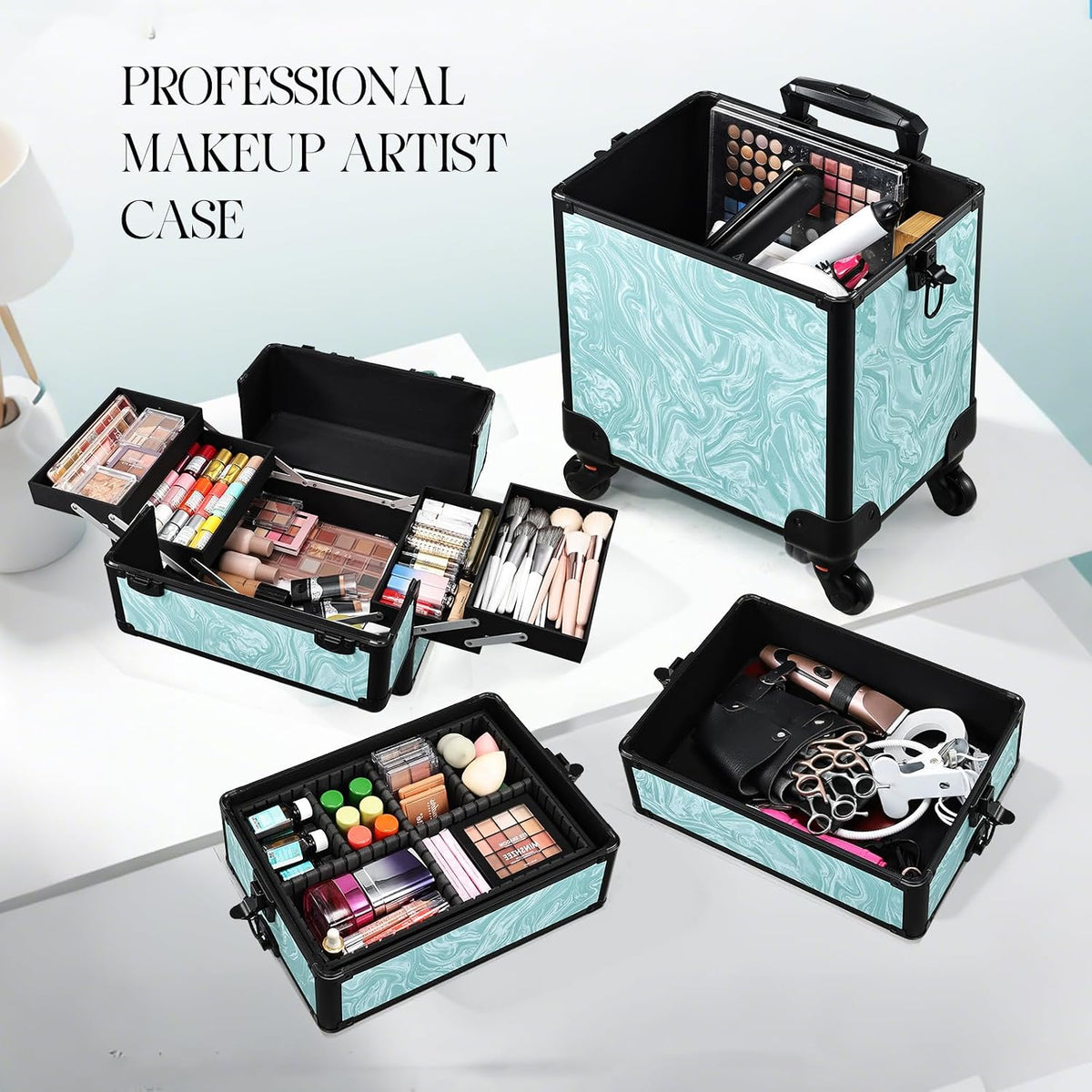 Rolling Makeup Train Case, 4-in-1 Cosmetology Case on Wheels, Nail Tech Cart for Travel, Professional Cosmetic Vanity Case, Suitcase for MUA/Manicure/Tattoo/Style, Lockable Storage Box, Black
