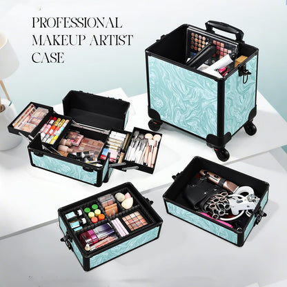 Rolling Makeup Train Case, 4-in-1 Cosmetology Case on Wheels, Nail Tech Cart for Travel, Professional Cosmetic Vanity Case, Suitcase for MUA/Manicure/Tattoo/Style, Lockable Storage Box, Black