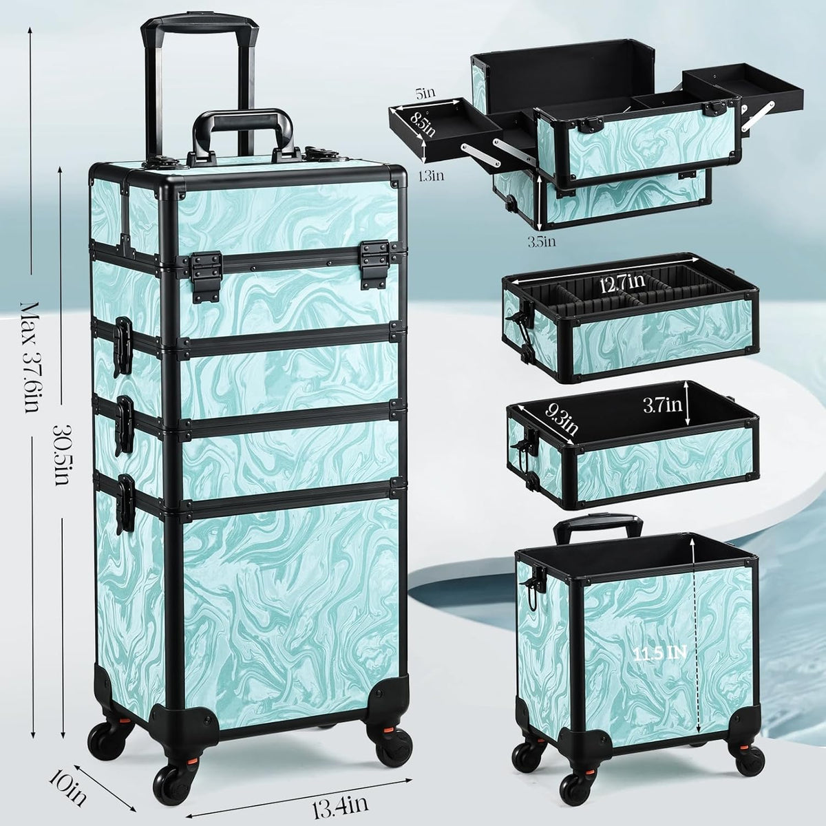 Rolling Makeup Train Case, 4-in-1 Cosmetology Case on Wheels, Nail Tech Cart for Travel, Professional Cosmetic Vanity Case, Suitcase for MUA/Manicure/Tattoo/Style, Lockable Storage Box, Black
