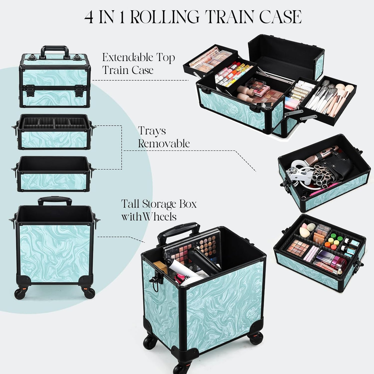 Rolling Makeup Train Case, 4-in-1 Cosmetology Case on Wheels, Nail Tech Cart for Travel, Professional Cosmetic Vanity Case, Suitcase for MUA/Manicure/Tattoo/Style, Lockable Storage Box, Black