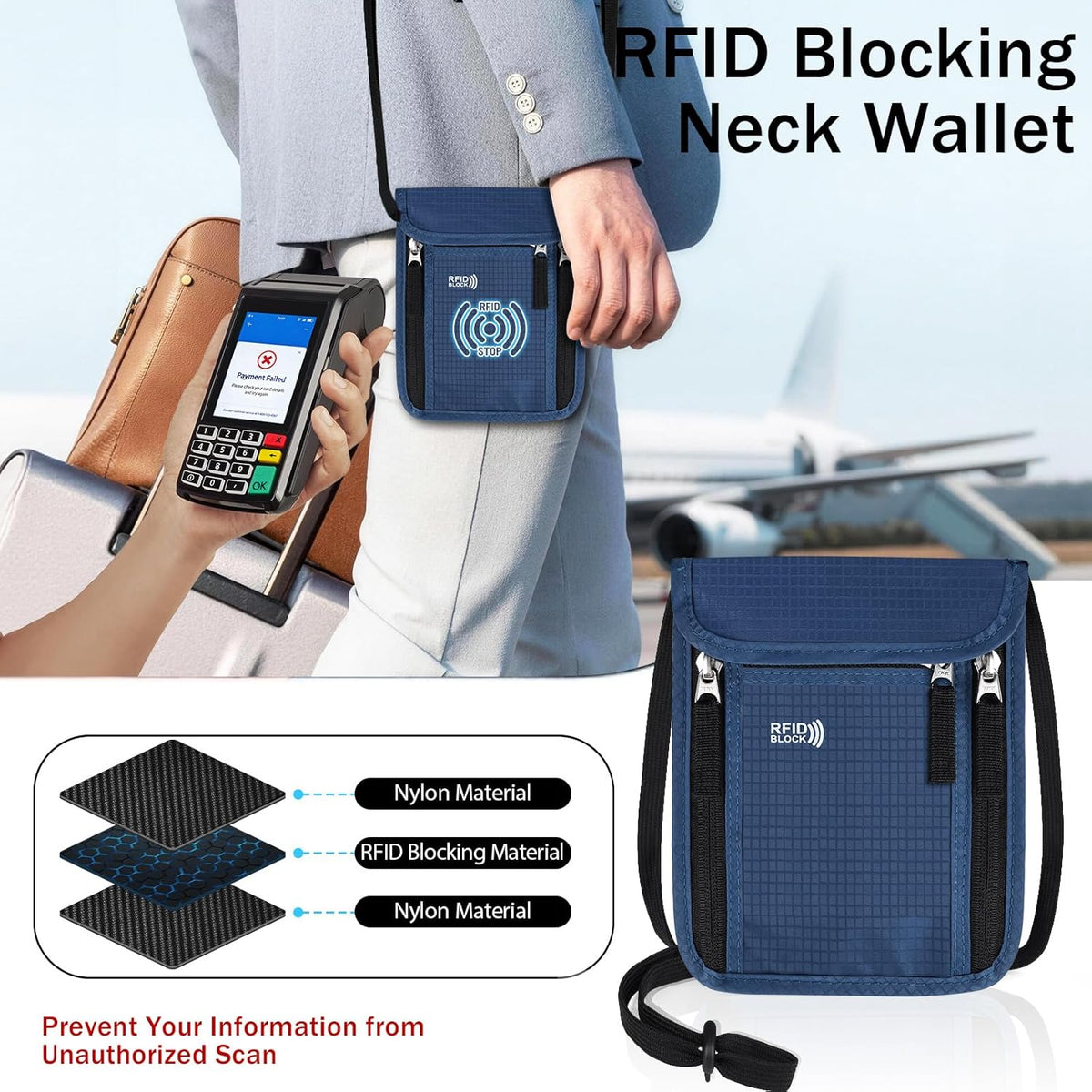 Travel Neck Wallet Women Men RFID Blocking Hidden Passport Holder | Unisex, Traveling Neck Wallets, Slim, Hanging Pouch, Travel Document Holder, 6 Pockets, Blue