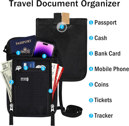 Travel Neck Wallet Women Men RFID Blocking Hidden Passport Holder | Unisex, Traveling Neck Wallets, Slim, Hanging Pouch, Travel Document Holder, 6 Pockets, Blue