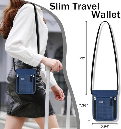 Travel Neck Wallet Women Men RFID Blocking Hidden Passport Holder | Unisex, Traveling Neck Wallets, Slim, Hanging Pouch, Travel Document Holder, 6 Pockets, Blue