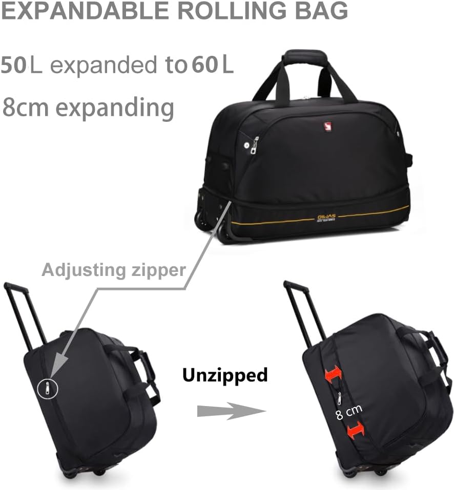 Small Rolling Duffle Bag with Wheels, Travel 22 inch Carry On Luggage Unisex-Adult Short Term Trips Expandable 50L to 60L