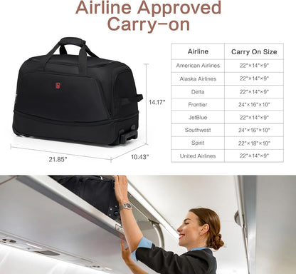 Small Rolling Duffle Bag with Wheels, Travel 22 inch Carry On Luggage Unisex-Adult Short Term Trips Expandable 50L to 60L
