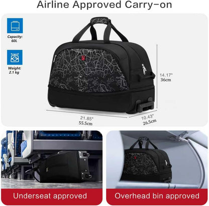Small Rolling Duffle Bag with Wheels, Travel 22 inch Carry On Luggage Unisex-Adult Short Term Trips Expandable 50L to 60L