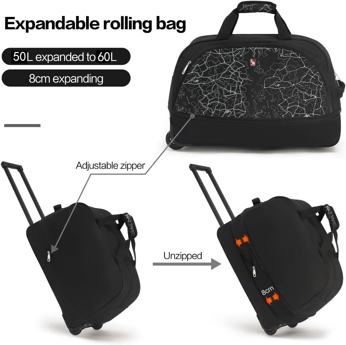 Small Rolling Duffle Bag with Wheels, Travel 22 inch Carry On Luggage Unisex-Adult Short Term Trips Expandable 50L to 60L