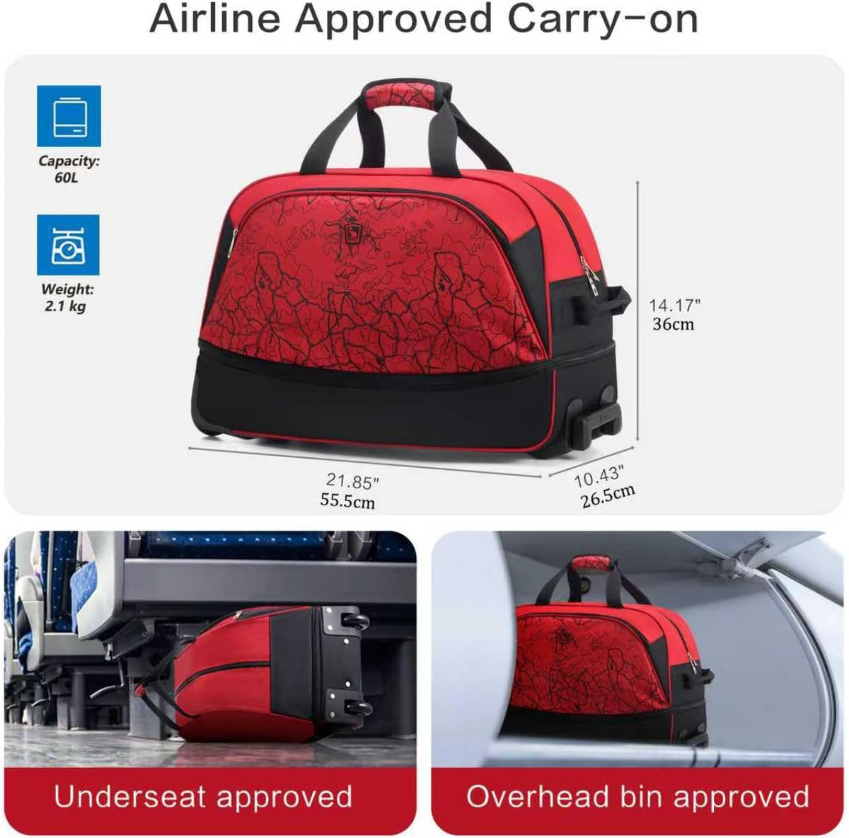 Small Rolling Duffle Bag with Wheels, Travel 22 inch Carry On Luggage Unisex-Adult Short Term Trips Expandable 50L to 60L