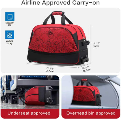 Small Rolling Duffle Bag with Wheels, Travel 22 inch Carry On Luggage Unisex-Adult Short Term Trips Expandable 50L to 60L