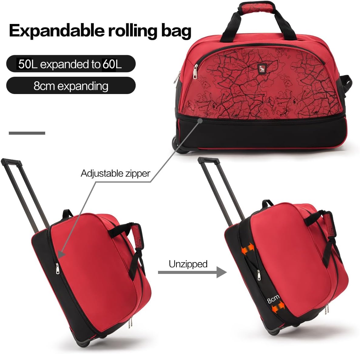 Small Rolling Duffle Bag with Wheels, Travel 22 inch Carry On Luggage Unisex-Adult Short Term Trips Expandable 50L to 60L