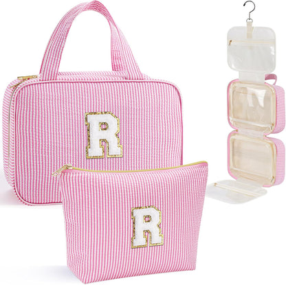 Hanging Toiletry Bag - Large Capacity Personalized Travel Toiletry Bag for Women, Cruise Ship Essentials - Letter R, Pink