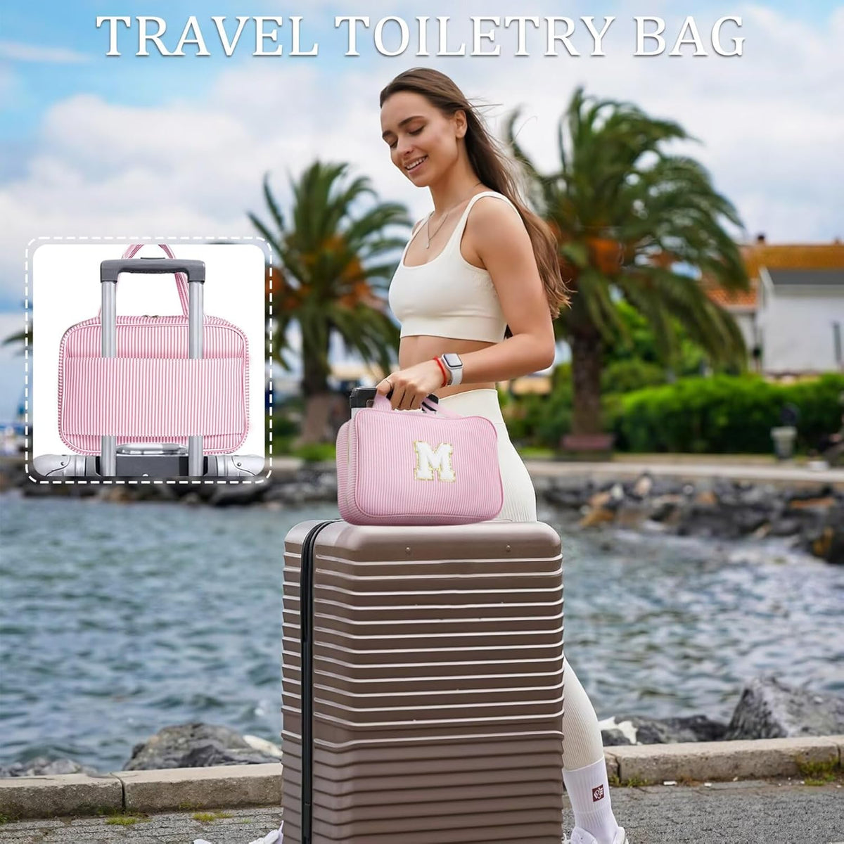 Hanging Toiletry Bag - Large Capacity Personalized Travel Toiletry Bag for Women, Cruise Ship Essentials - Letter R, Pink