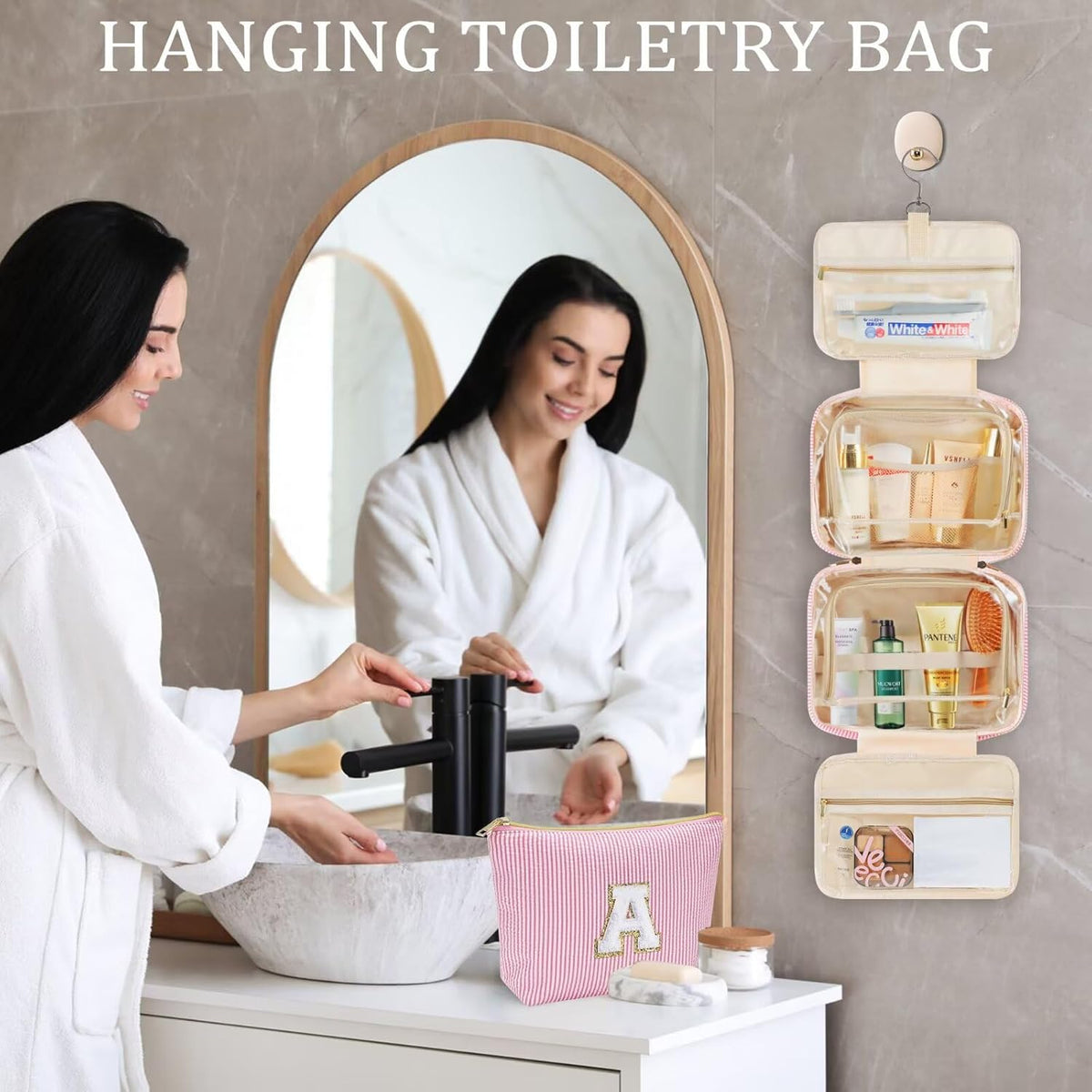 Hanging Toiletry Bag - Large Capacity Personalized Travel Toiletry Bag for Women, Cruise Ship Essentials - Letter R, Pink