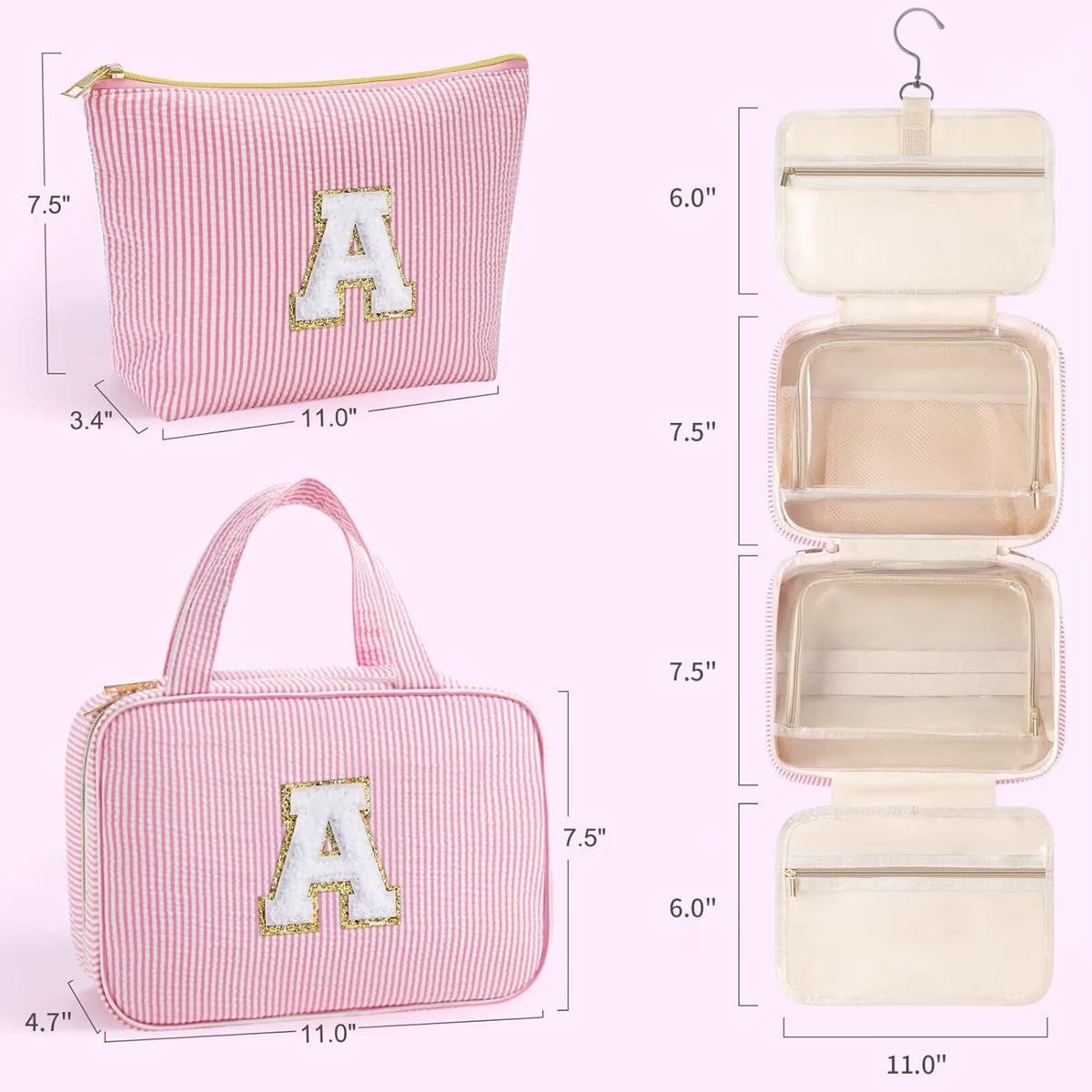 Hanging Toiletry Bag - Large Capacity Personalized Travel Toiletry Bag for Women, Cruise Ship Essentials - Letter R, Pink