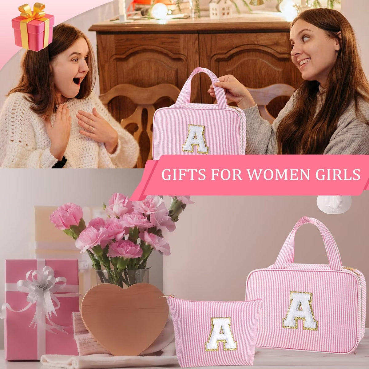 Hanging Toiletry Bag - Large Capacity Personalized Travel Toiletry Bag for Women, Cruise Ship Essentials - Letter R, Pink