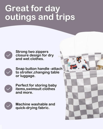 2pcs Superior Waterproof Wet Dry Bags,Reusable with Two Zippered Pockets, Baby Cloth Diaper Wet Bags,Travel,Beach,Pool,Daycare,Soiled Baby Items,Yoga Gym Bag,Wet bag for Swimsuit
