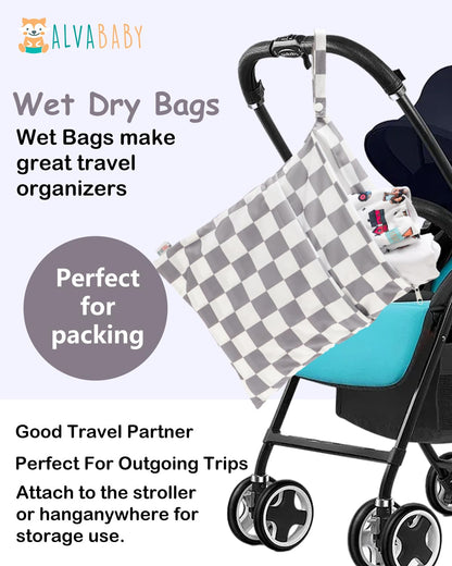 2pcs Superior Waterproof Wet Dry Bags,Reusable with Two Zippered Pockets, Baby Cloth Diaper Wet Bags,Travel,Beach,Pool,Daycare,Soiled Baby Items,Yoga Gym Bag,Wet bag for Swimsuit