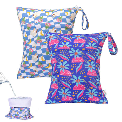 2pcs Superior Waterproof Wet Dry Bags,Reusable with Two Zippered Pockets, Baby Cloth Diaper Wet Bags,Travel,Beach,Pool,Daycare,Soiled Baby Items,Yoga Gym Bag,Wet bag for Swimsuit