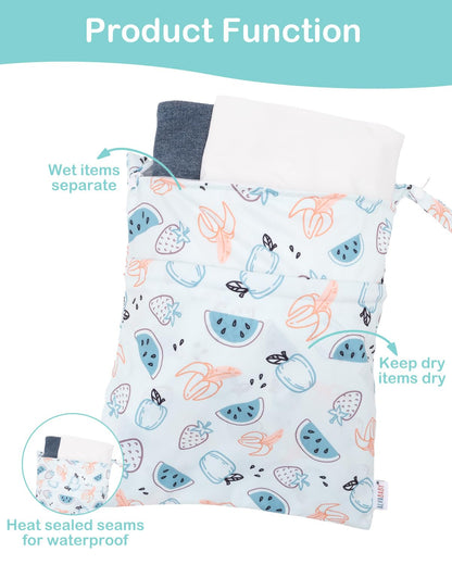 2pcs Superior Waterproof Wet Dry Bags,Reusable with Two Zippered Pockets, Baby Cloth Diaper Wet Bags,Travel,Beach,Pool,Daycare,Soiled Baby Items,Yoga Gym Bag,Wet bag for Swimsuit