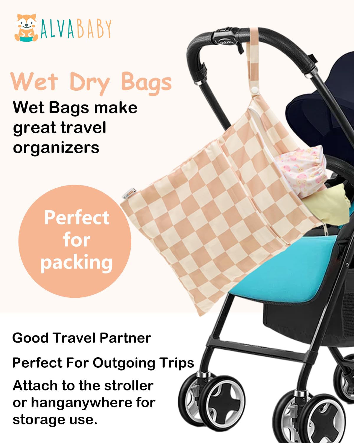 2pcs Superior Waterproof Wet Dry Bags,Reusable with Two Zippered Pockets, Baby Cloth Diaper Wet Bags,Travel,Beach,Pool,Daycare,Soiled Baby Items,Yoga Gym Bag,Wet bag for Swimsuit