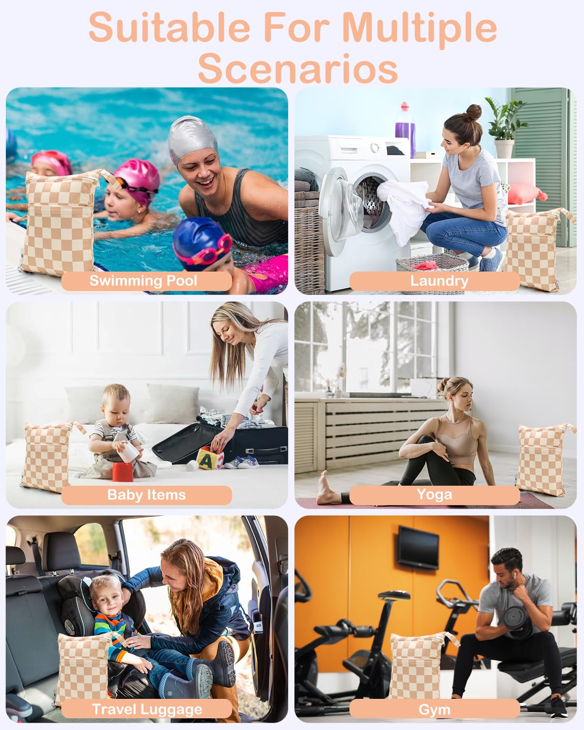 2pcs Superior Waterproof Wet Dry Bags,Reusable with Two Zippered Pockets, Baby Cloth Diaper Wet Bags,Travel,Beach,Pool,Daycare,Soiled Baby Items,Yoga Gym Bag,Wet bag for Swimsuit
