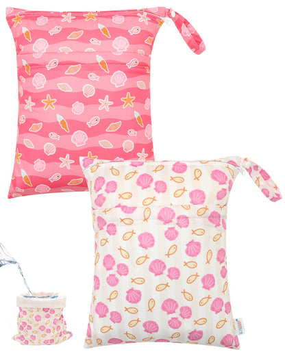 2pcs Superior Waterproof Wet Dry Bags,Reusable with Two Zippered Pockets, Baby Cloth Diaper Wet Bags,Travel,Beach,Pool,Daycare,Soiled Baby Items,Yoga Gym Bag,Wet bag for Swimsuit