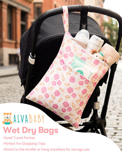 2pcs Superior Waterproof Wet Dry Bags,Reusable with Two Zippered Pockets, Baby Cloth Diaper Wet Bags,Travel,Beach,Pool,Daycare,Soiled Baby Items,Yoga Gym Bag,Wet bag for Swimsuit