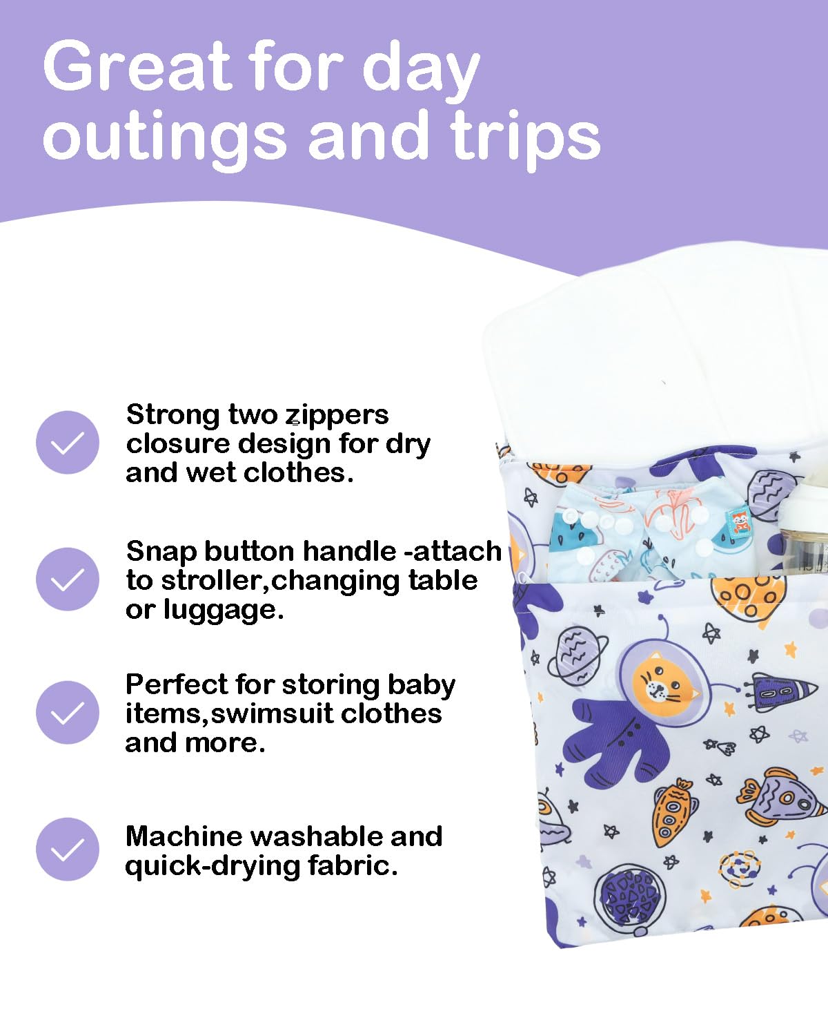2pcs Superior Waterproof Wet Dry Bags,Reusable with Two Zippered Pockets, Baby Cloth Diaper Wet Bags,Travel,Beach,Pool,Daycare,Soiled Baby Items,Yoga Gym Bag,Wet bag for Swimsuit