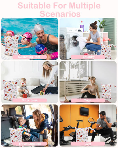 2pcs Superior Waterproof Wet Dry Bags,Reusable with Two Zippered Pockets, Baby Cloth Diaper Wet Bags,Travel,Beach,Pool,Daycare,Soiled Baby Items,Yoga Gym Bag,Wet bag for Swimsuit
