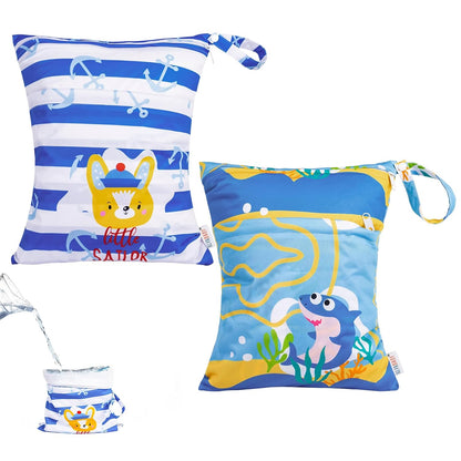 2pcs Superior Waterproof Wet Dry Bags,Reusable with Two Zippered Pockets, Baby Cloth Diaper Wet Bags,Travel,Beach,Pool,Daycare,Soiled Baby Items,Yoga Gym Bag,Wet bag for Swimsuit