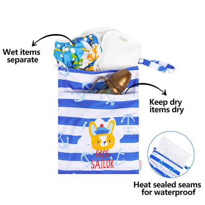 2pcs Superior Waterproof Wet Dry Bags,Reusable with Two Zippered Pockets, Baby Cloth Diaper Wet Bags,Travel,Beach,Pool,Daycare,Soiled Baby Items,Yoga Gym Bag,Wet bag for Swimsuit