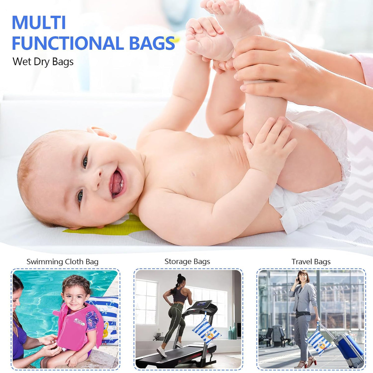 2pcs Superior Waterproof Wet Dry Bags,Reusable with Two Zippered Pockets, Baby Cloth Diaper Wet Bags,Travel,Beach,Pool,Daycare,Soiled Baby Items,Yoga Gym Bag,Wet bag for Swimsuit