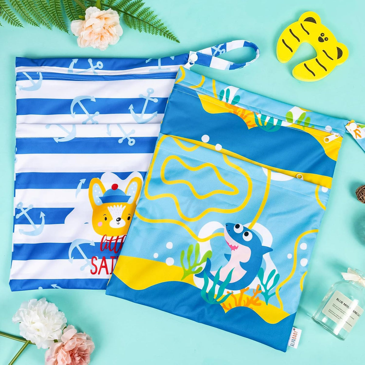 2pcs Superior Waterproof Wet Dry Bags,Reusable with Two Zippered Pockets, Baby Cloth Diaper Wet Bags,Travel,Beach,Pool,Daycare,Soiled Baby Items,Yoga Gym Bag,Wet bag for Swimsuit