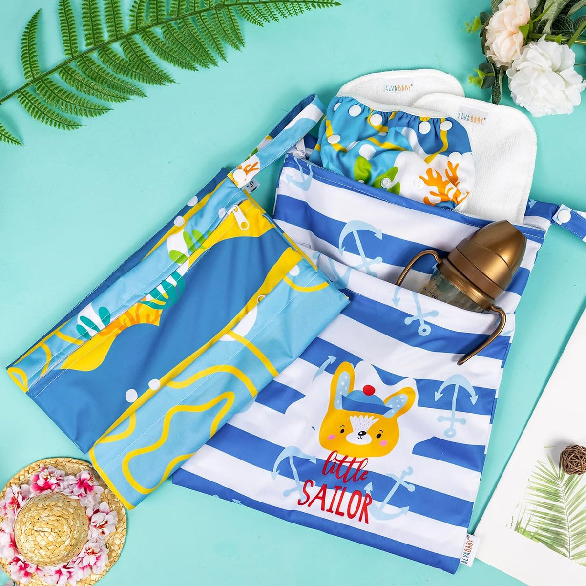 2pcs Superior Waterproof Wet Dry Bags,Reusable with Two Zippered Pockets, Baby Cloth Diaper Wet Bags,Travel,Beach,Pool,Daycare,Soiled Baby Items,Yoga Gym Bag,Wet bag for Swimsuit
