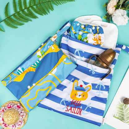 2pcs Superior Waterproof Wet Dry Bags,Reusable with Two Zippered Pockets, Baby Cloth Diaper Wet Bags,Travel,Beach,Pool,Daycare,Soiled Baby Items,Yoga Gym Bag,Wet bag for Swimsuit