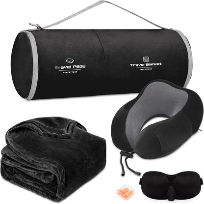 Travel Pillow and Blanket Set Neck Pillows Soft Blankets with Sleep Mask Travel Essentials for Airplane Car Memory Foam Blue Green