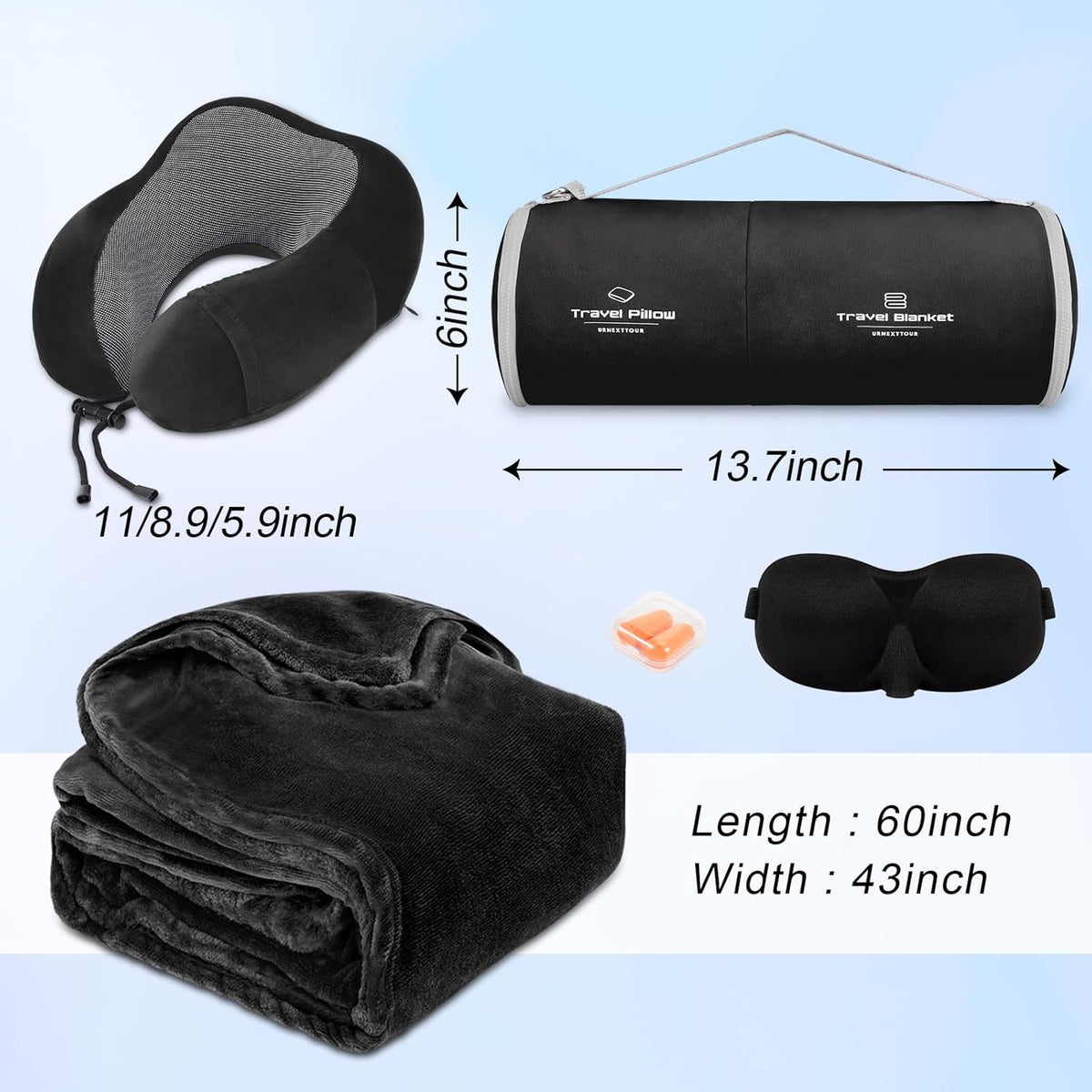 Travel Pillow and Blanket Set Neck Pillows Soft Blankets with Sleep Mask Travel Essentials for Airplane Car Memory Foam Blue Green
