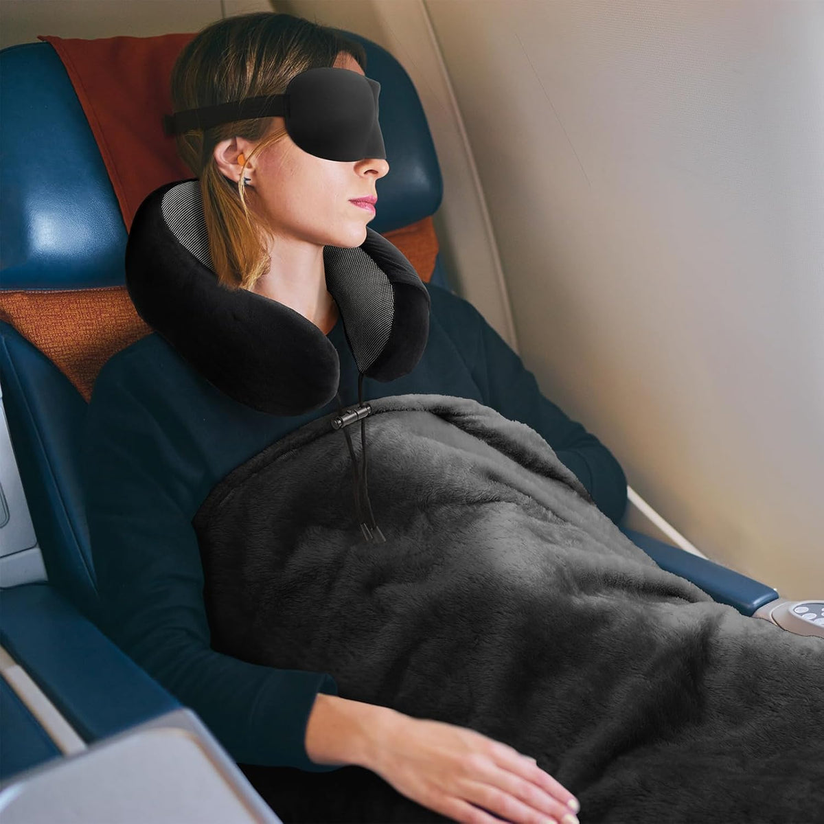 Travel Pillow and Blanket Set Neck Pillows Soft Blankets with Sleep Mask Travel Essentials for Airplane Car Memory Foam Blue Green