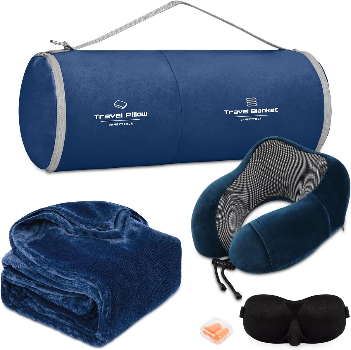 Travel Pillow and Blanket Set Neck Pillows Soft Blankets with Sleep Mask Travel Essentials for Airplane Car Memory Foam Blue Green