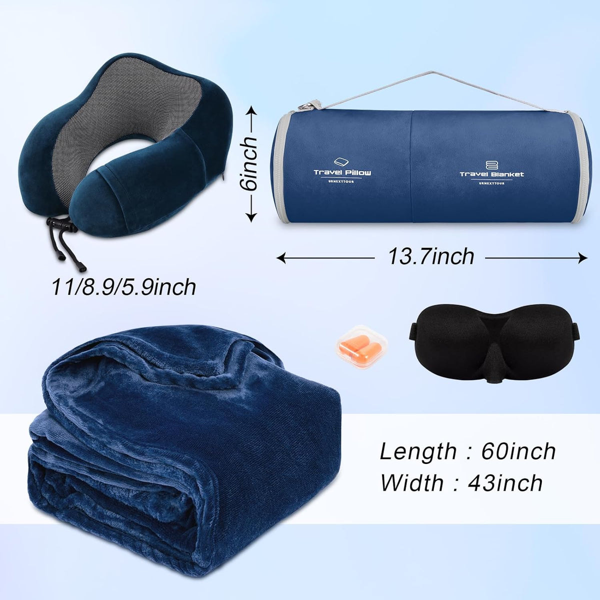 Travel Pillow and Blanket Set Neck Pillows Soft Blankets with Sleep Mask Travel Essentials for Airplane Car Memory Foam Blue Green