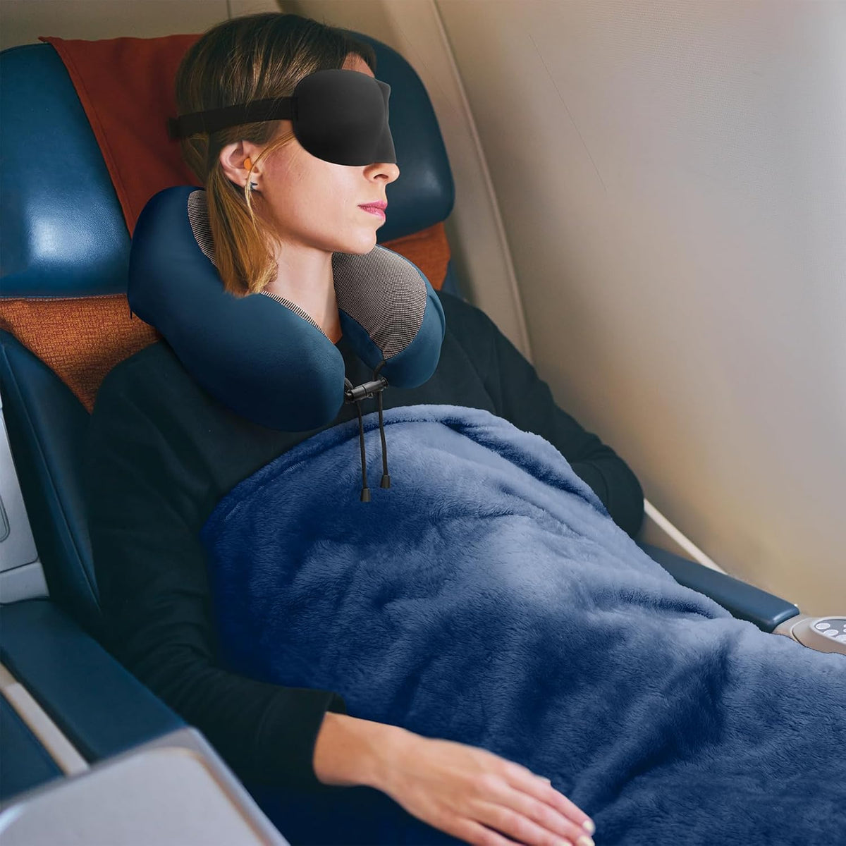 Travel Pillow and Blanket Set Neck Pillows Soft Blankets with Sleep Mask Travel Essentials for Airplane Car Memory Foam Blue Green