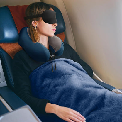 Travel Pillow and Blanket Set Neck Pillows Soft Blankets with Sleep Mask Travel Essentials for Airplane Car Memory Foam Blue Green