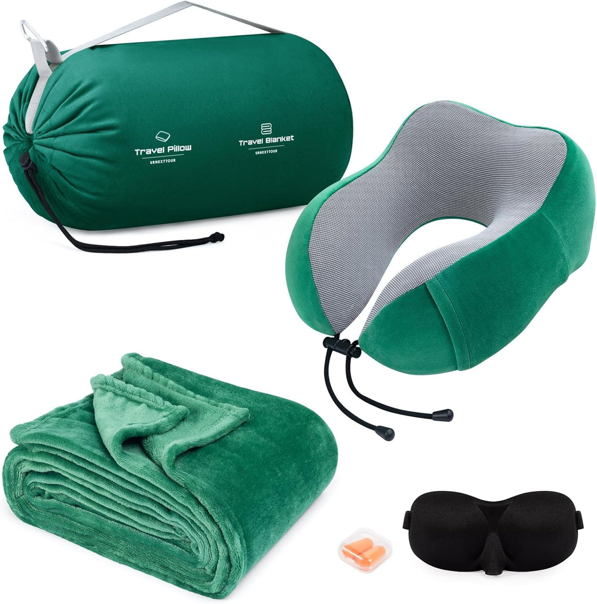 Travel Pillow and Blanket Set Neck Pillows Soft Blankets with Sleep Mask Travel Essentials for Airplane Car Memory Foam Blue Green