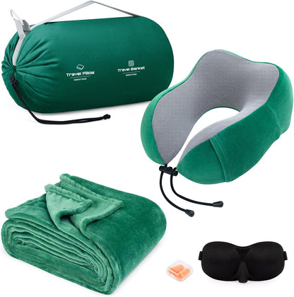 Travel Pillow and Blanket Set Neck Pillows Soft Blankets with Sleep Mask Travel Essentials for Airplane Car Memory Foam Blue Green