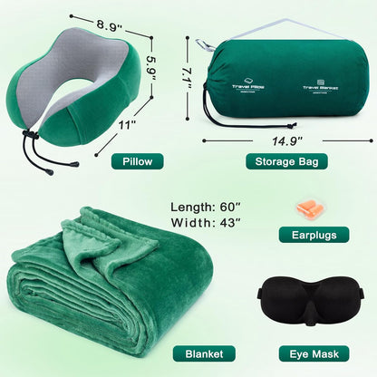 Travel Pillow and Blanket Set Neck Pillows Soft Blankets with Sleep Mask Travel Essentials for Airplane Car Memory Foam Blue Green