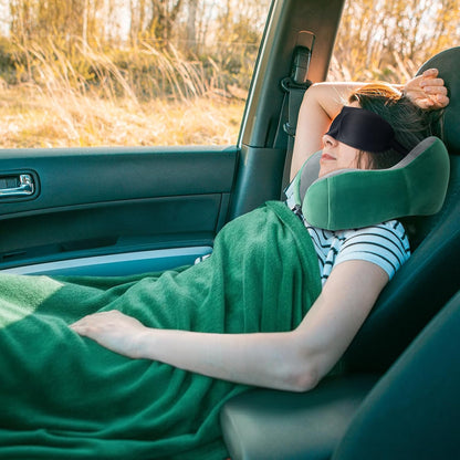 Travel Pillow and Blanket Set Neck Pillows Soft Blankets with Sleep Mask Travel Essentials for Airplane Car Memory Foam Blue Green