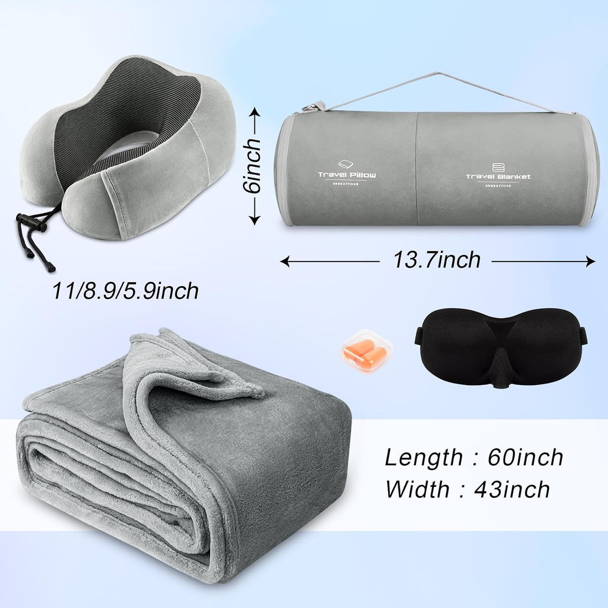 Travel Pillow and Blanket Set Neck Pillows Soft Blankets with Sleep Mask Travel Essentials for Airplane Car Memory Foam Blue Green