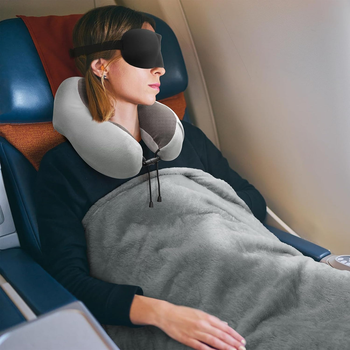 Travel Pillow and Blanket Set Neck Pillows Soft Blankets with Sleep Mask Travel Essentials for Airplane Car Memory Foam Blue Green